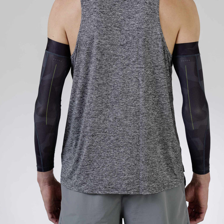 Rear view of a gray camouflage arm sleeve, showcasing its sleek design and superior fit.